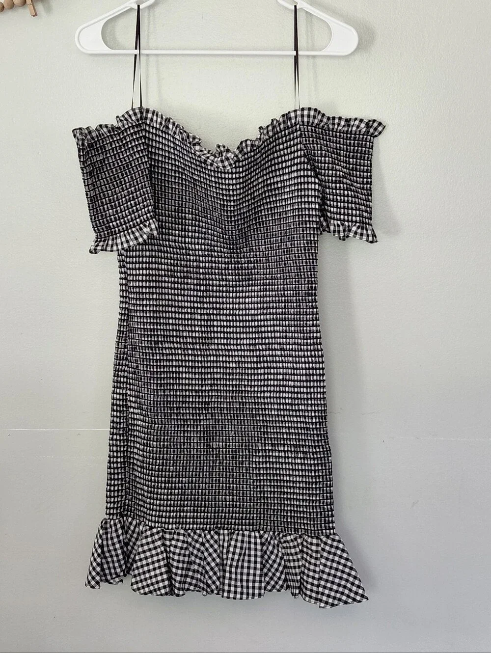 WAYF Gingham Smocked Off Shoulder Bodycon Dress NWOT Size L